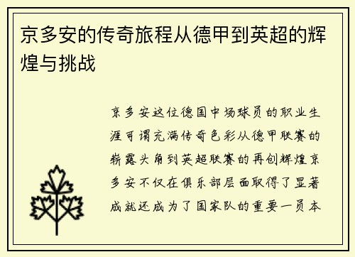 京多安的传奇旅程从德甲到英超的辉煌与挑战